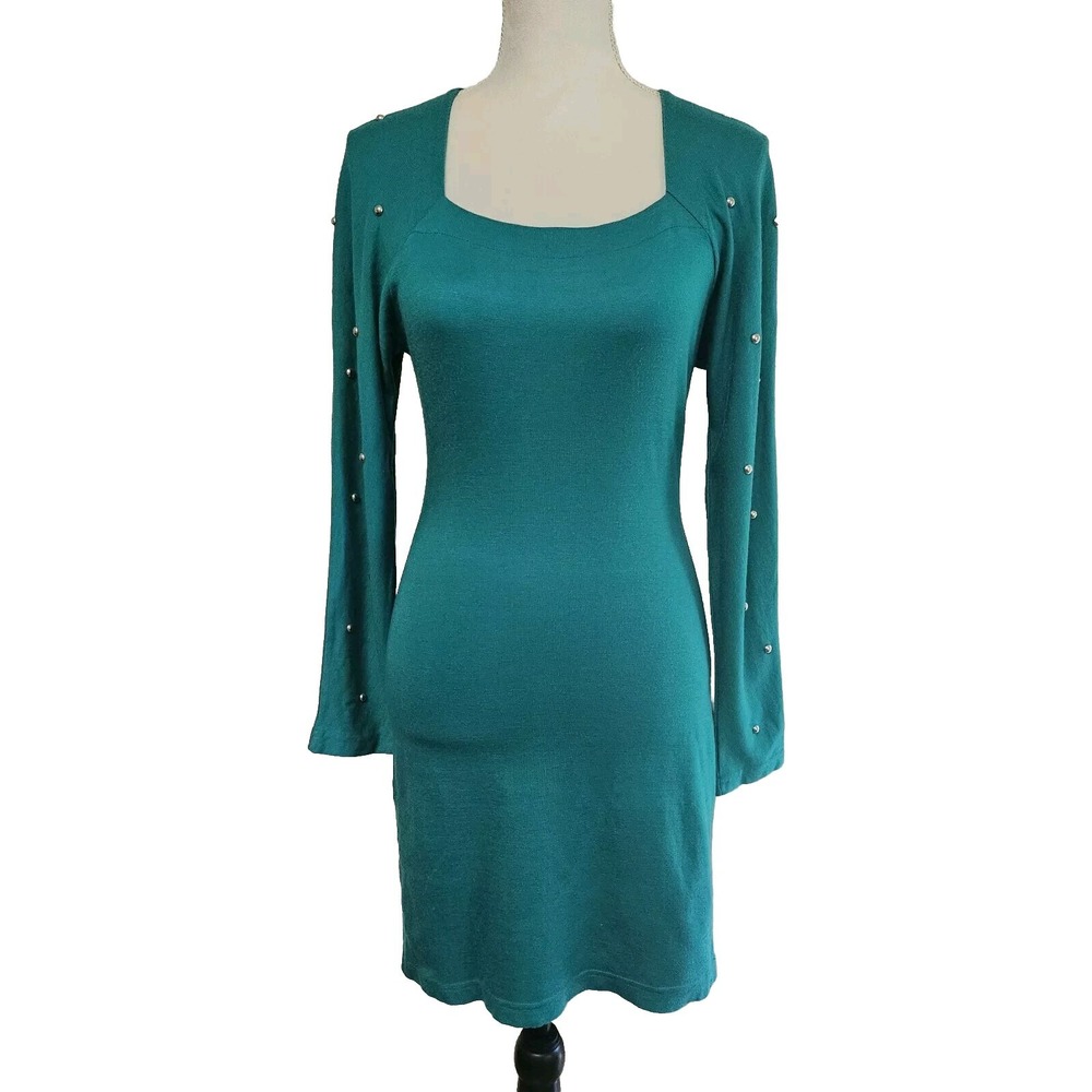 Vintage 90s Retro Marnie West Green Silver Studded Sleeves Bodycon Dress Size M